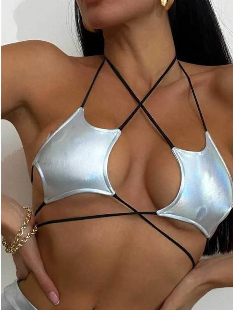 Lace Bralette Set - Women's Metallic Star Bra Top Halter