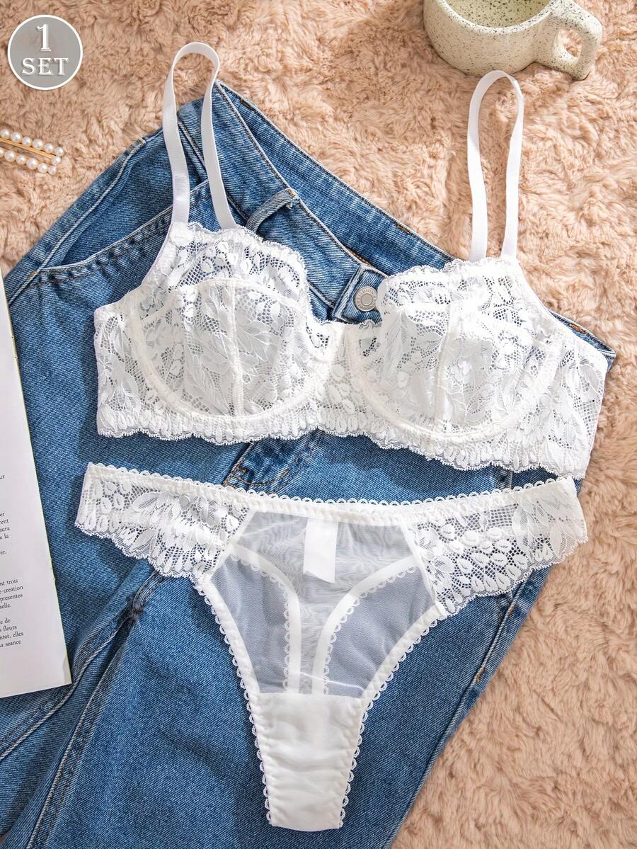 Sheer Mesh Bra - White Lace Bra and Panty Set