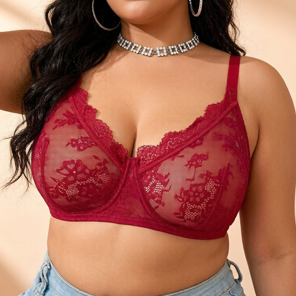 Women Plus Size Red Lace Sheer - Sheer Mesh Bra ulasan dan harga